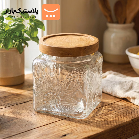 بانکه شیشه ای درب چوبی کوچک مربع نیوا
