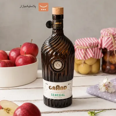 بطری اب شیشه ایی درب چوبی سنگال (سفید-قهوه ای)