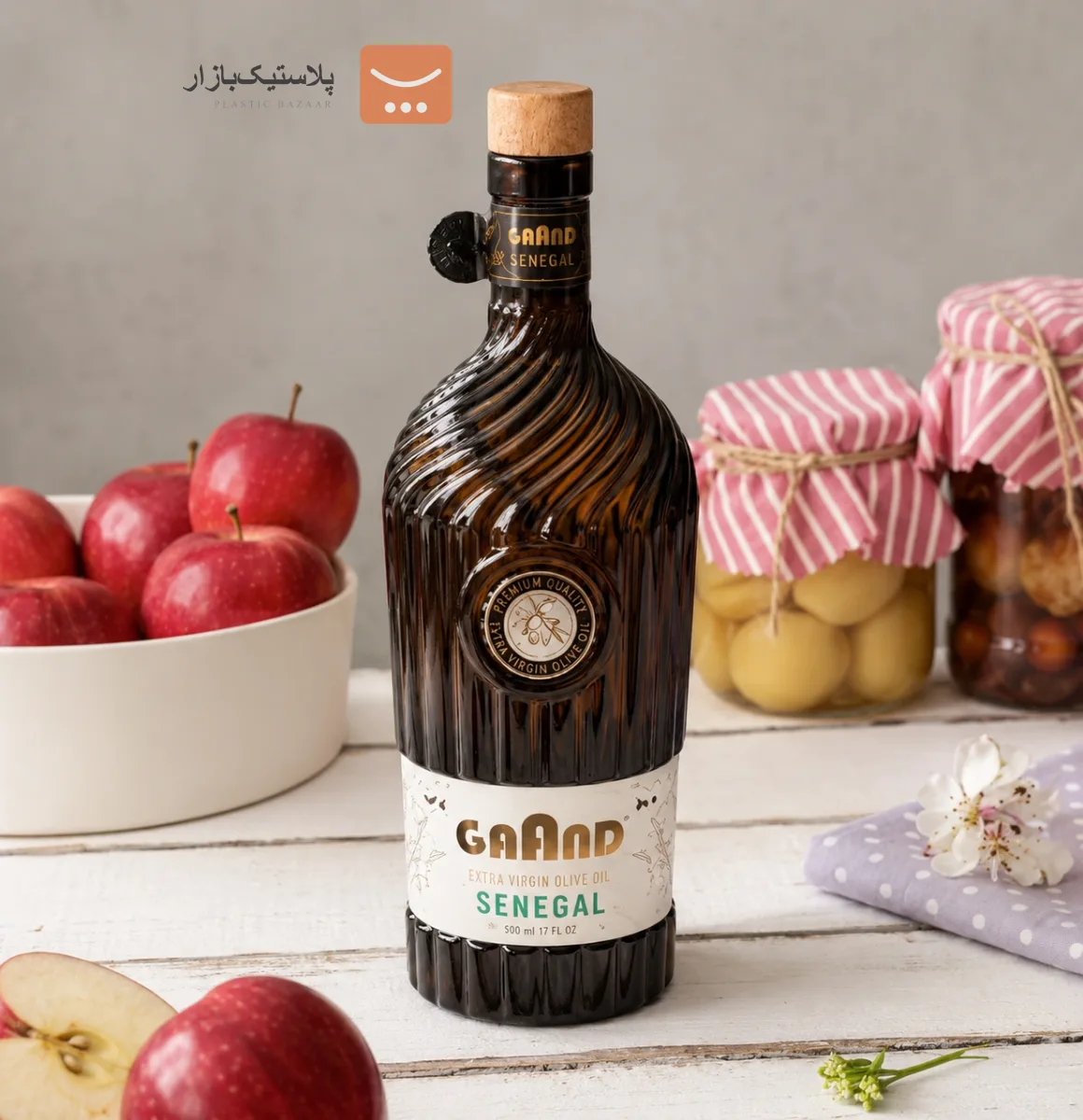 بطری اب شیشه ایی درب چوبی سنگال (سفید-قهوه ای)