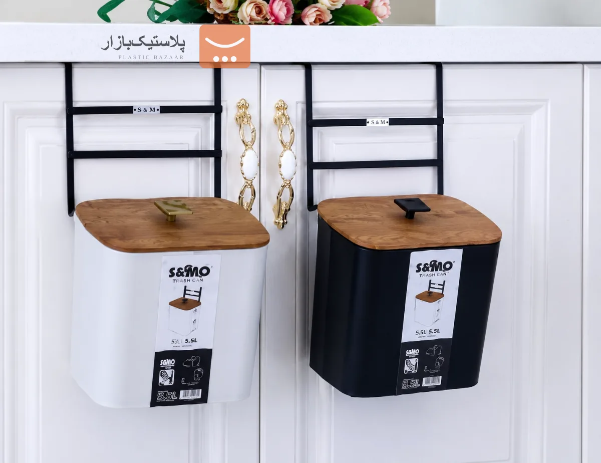 سطل کابینتی درب چوبی آویز دار فلزی 5.5 لیتر
